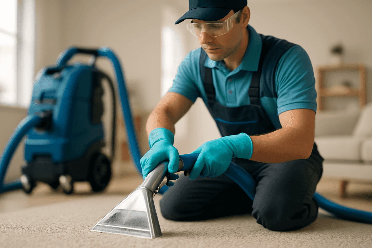 Professional carpet cleaning technician using high-end machine in clean residential or commercial interior