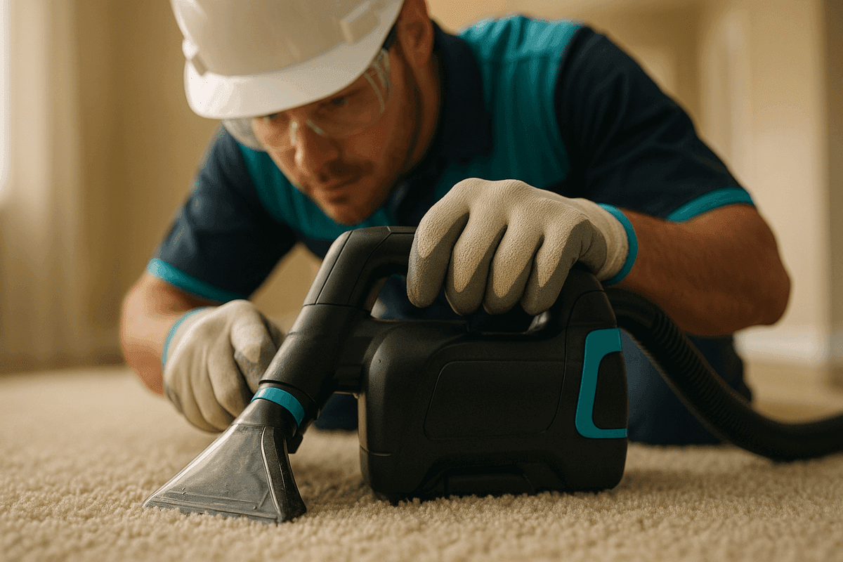 Close-up of gloved hands operating carpet cleaning machine on plush carpet indoors
